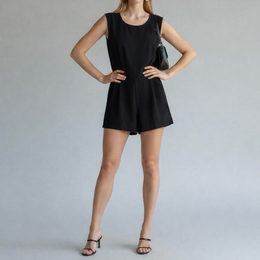 Bishop + Young Black Sleeveless Pleated Romper Size S Minimalist Chic